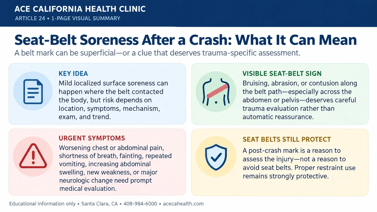 One-page visual summary for seat-belt soreness after a crash