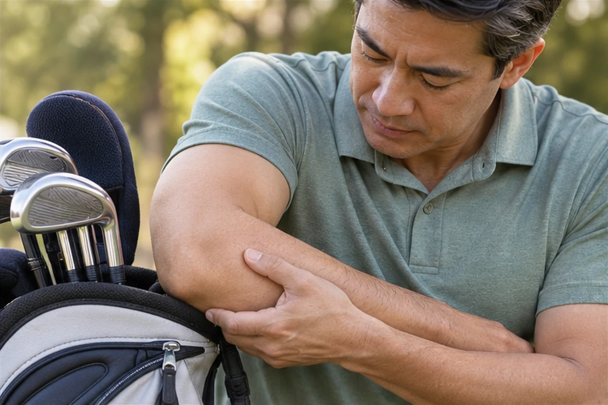 Golfer on a course gently holding his inner elbow after noticing discomfort