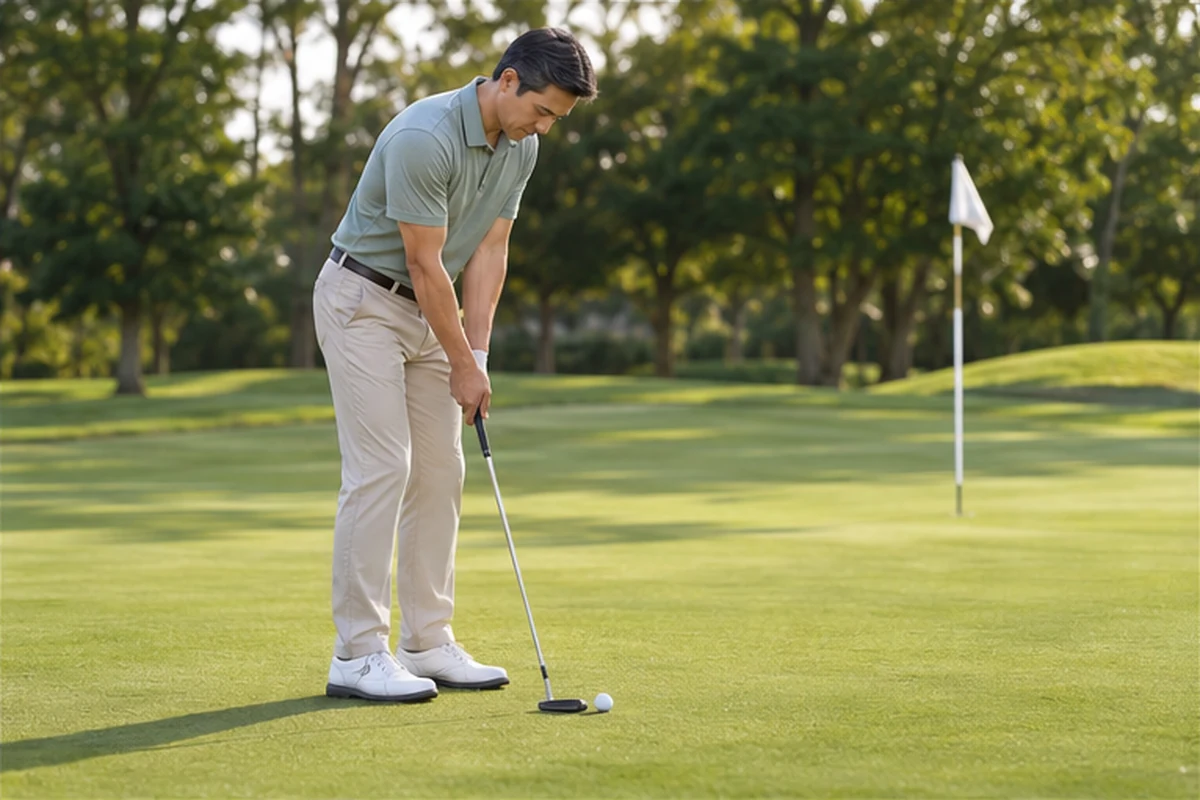 Golfer using a small, controlled putting stroke on a practice green