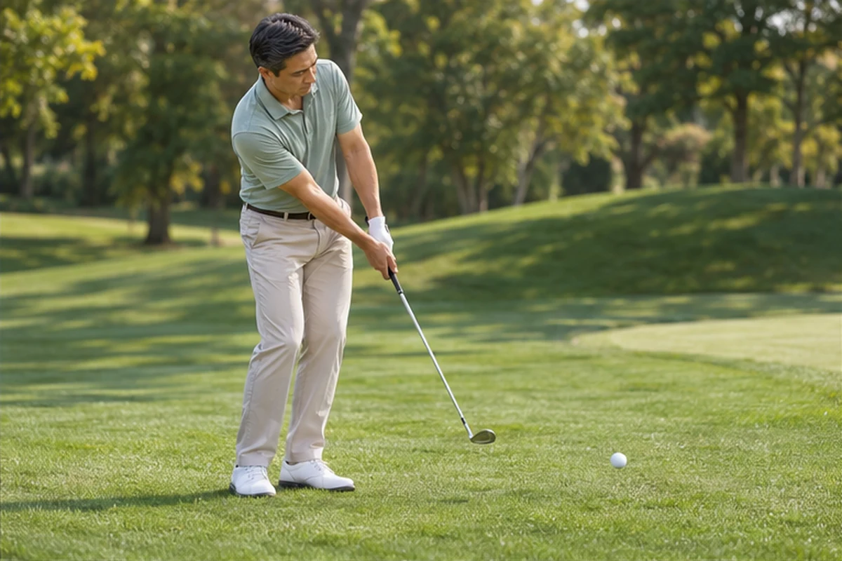 Golfer practicing a small, smooth bump-and-run chipping motion from fairway-height grass