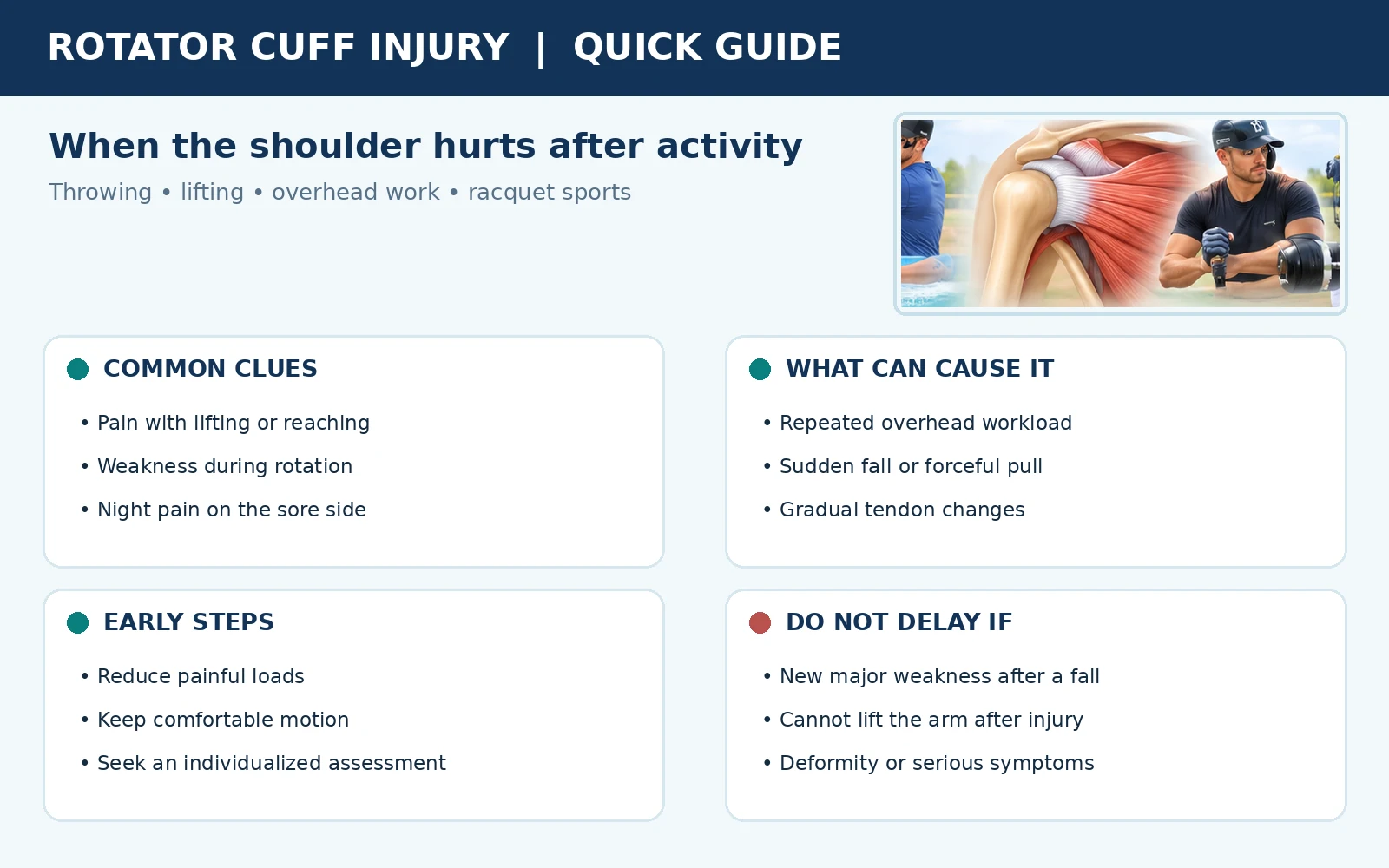 One-page overview of rotator cuff symptoms, common causes, early steps and reasons not to delay evaluation.