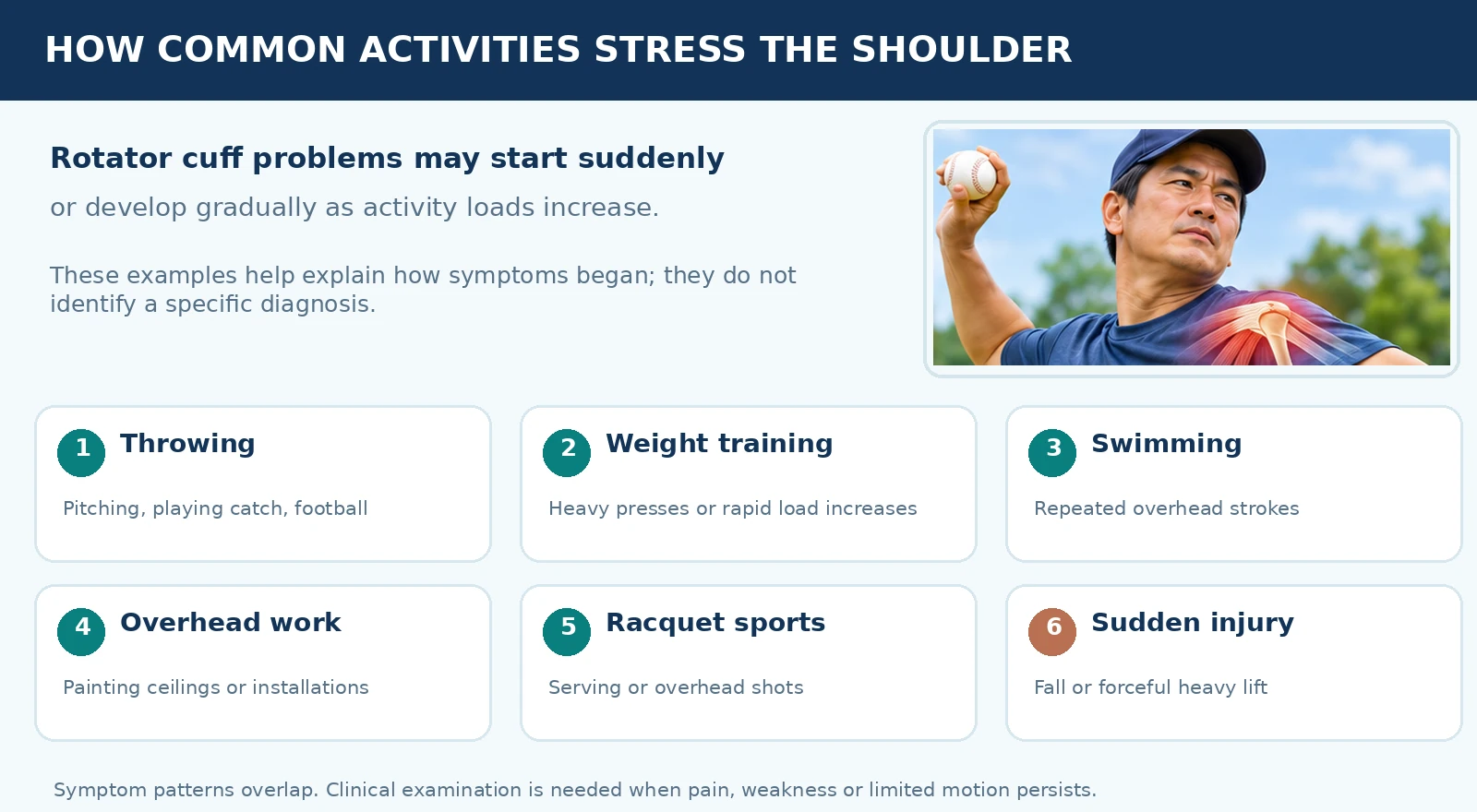 Activity examples connected with shoulder pain including throwing, weights, swimming, overhead painting, racquet sports and lifting.