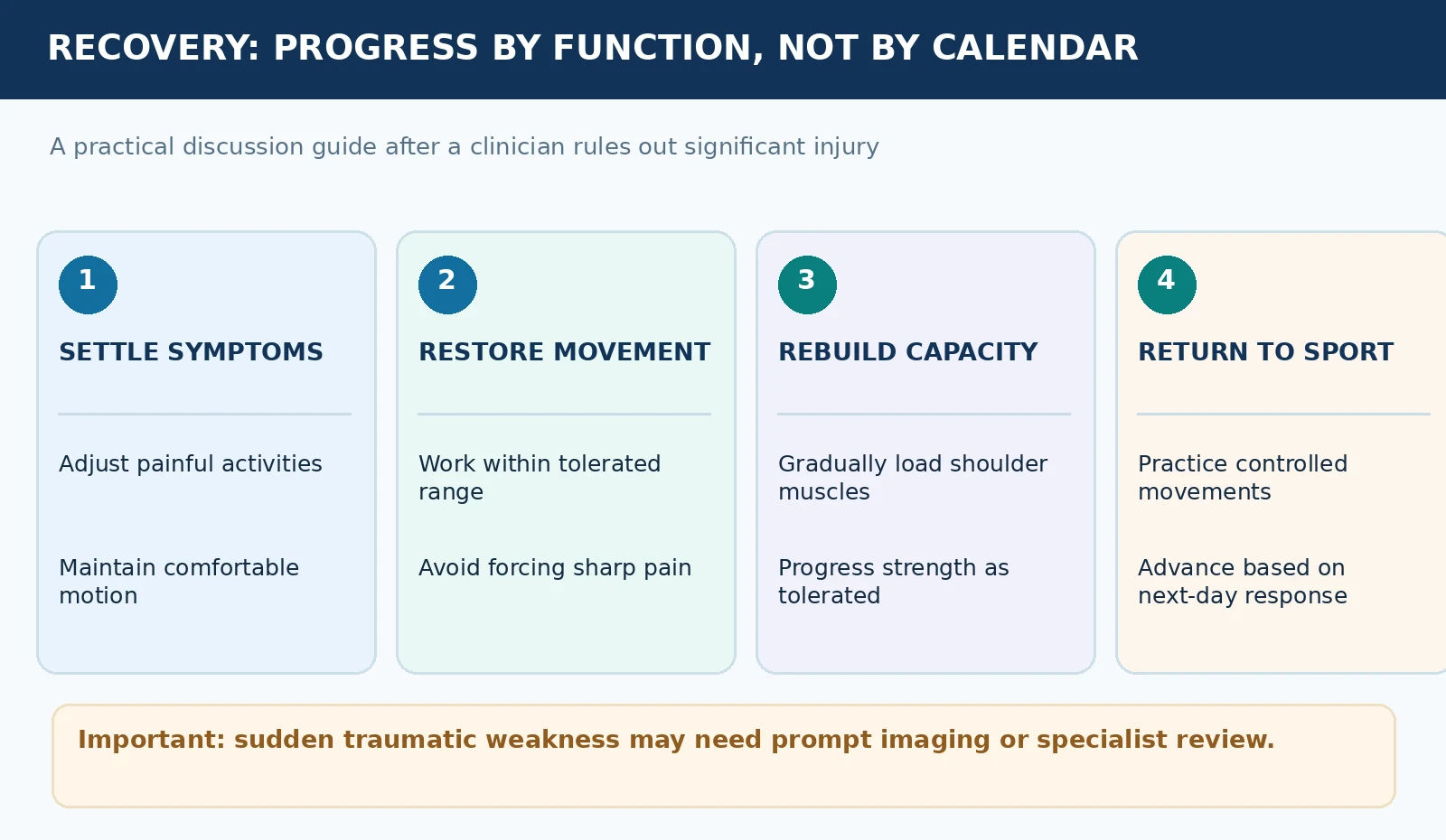 Four-step function-based return to activity approach: ease symptoms, restore movement, rebuild strength, and resume sport.