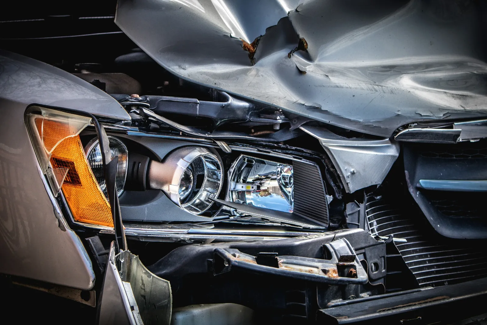 Close-up view of a damaged vehicle after a car accident in Santa Clara