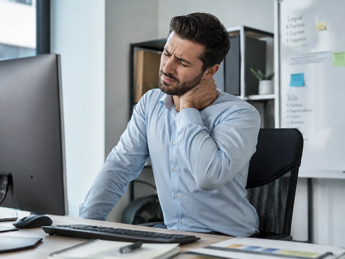 Office worker holding his neck while sitting at a computer workstation