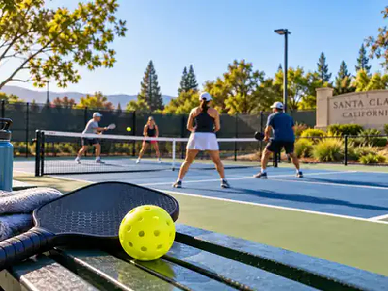 Pickleball paddle and ball beside an outdoor court in a Santa Clara, California themed scene