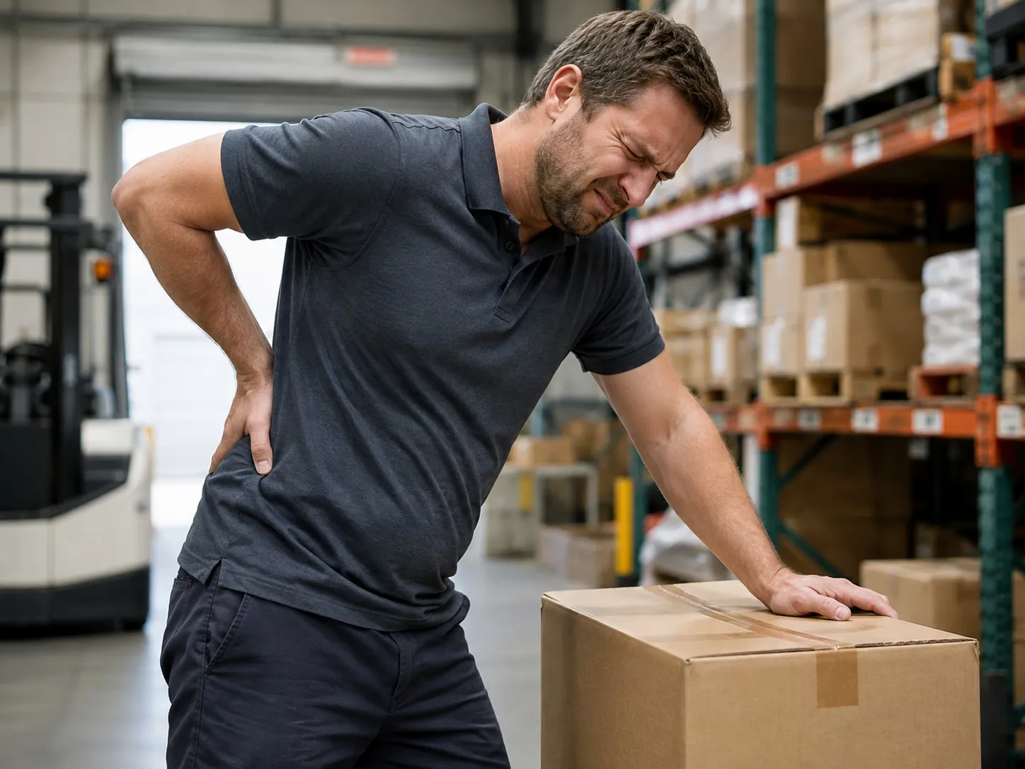 Warehouse employee holding his lower back after a lifting-related work injury
