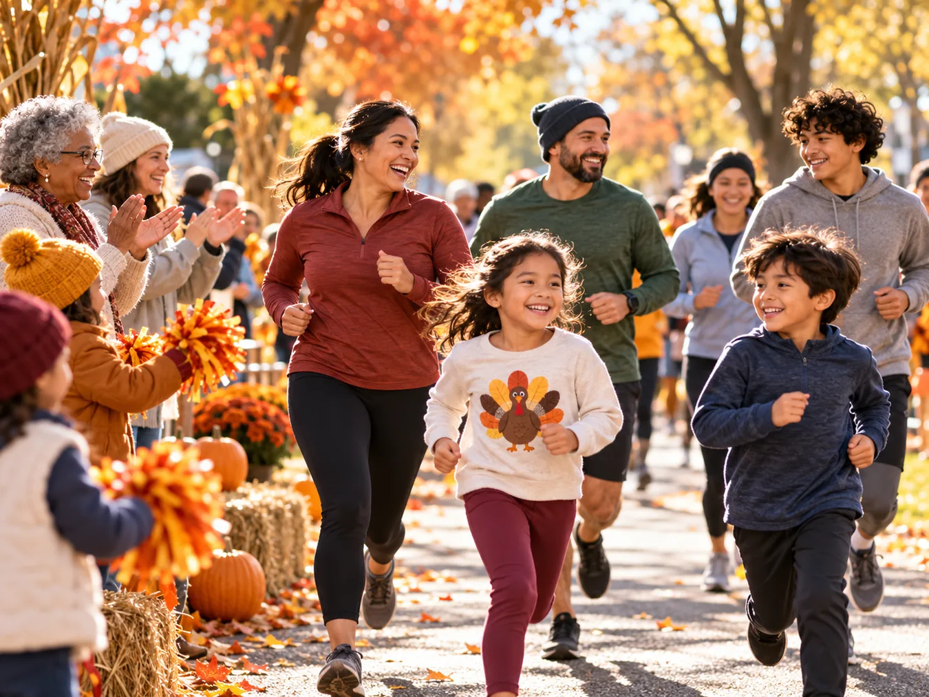 Families, children, and adults taking part in a cheerful Thanksgiving charity fun run