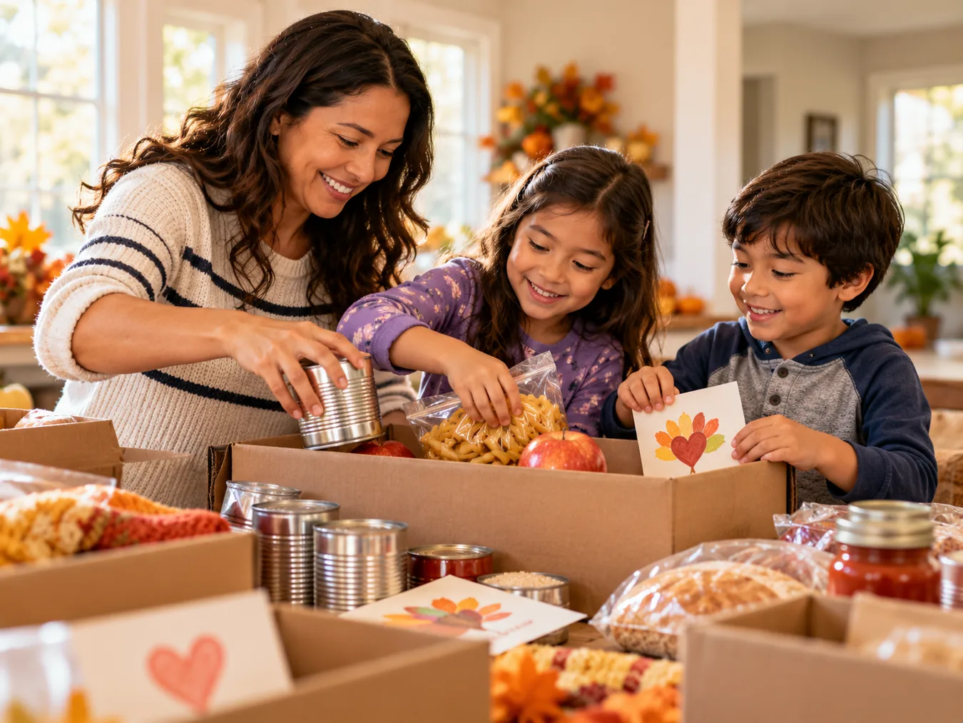A parent and two young children assembling Thanksgiving donation boxes with food and handmade notes