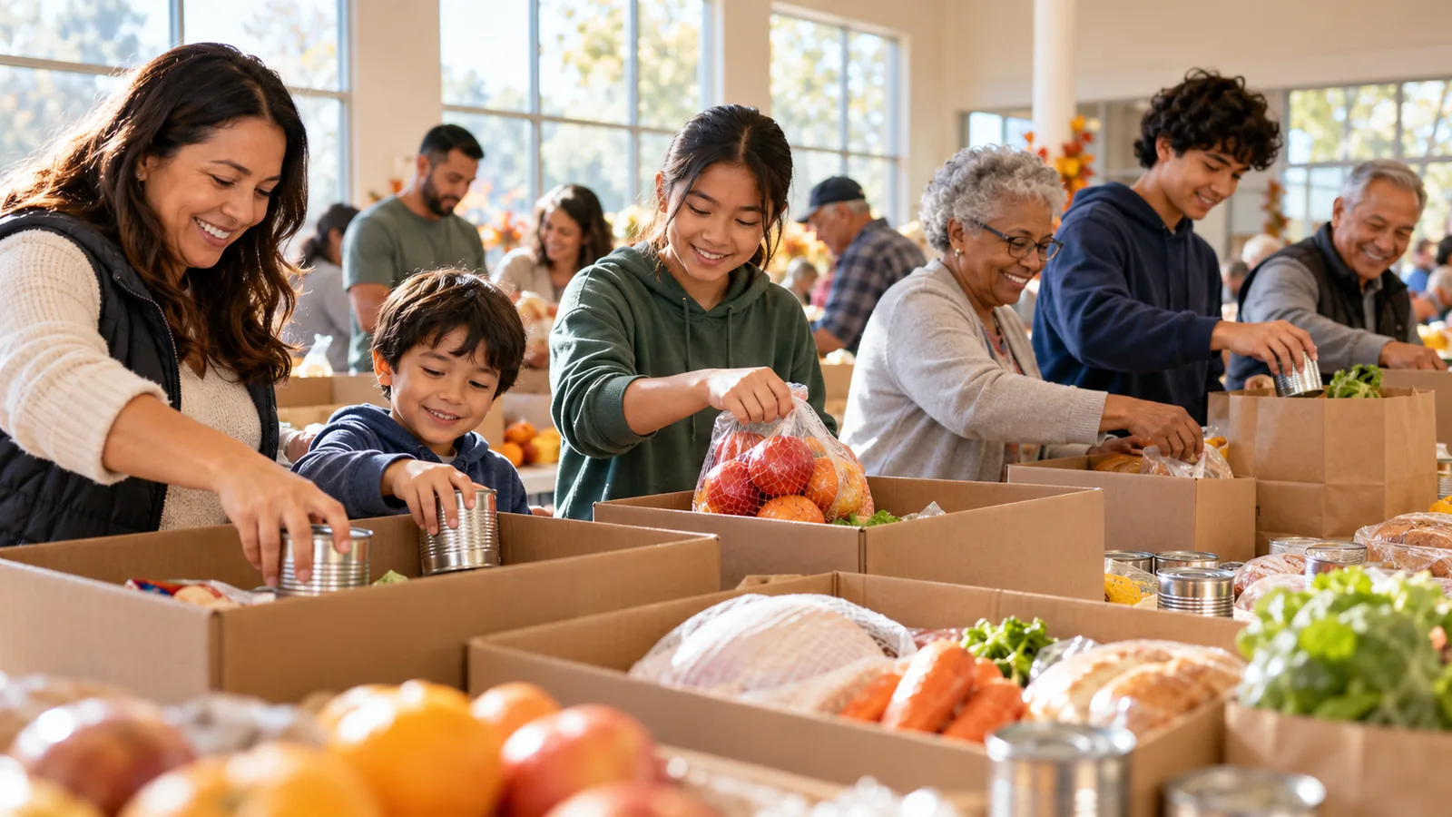 Volunteers of different ages packing Thanksgiving food boxes together in a bright community center