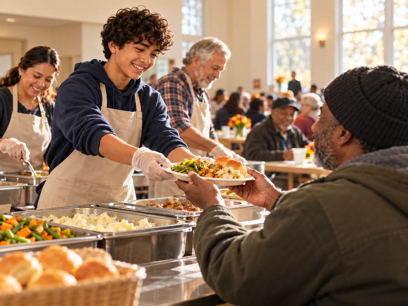 A teen volunteer serving a community meal to an older guest in a warm dining hall
