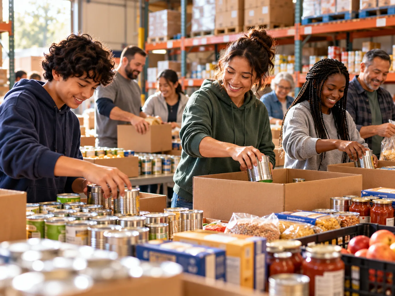 Volunteers sorting canned food and pantry donations in a food bank warehouse
