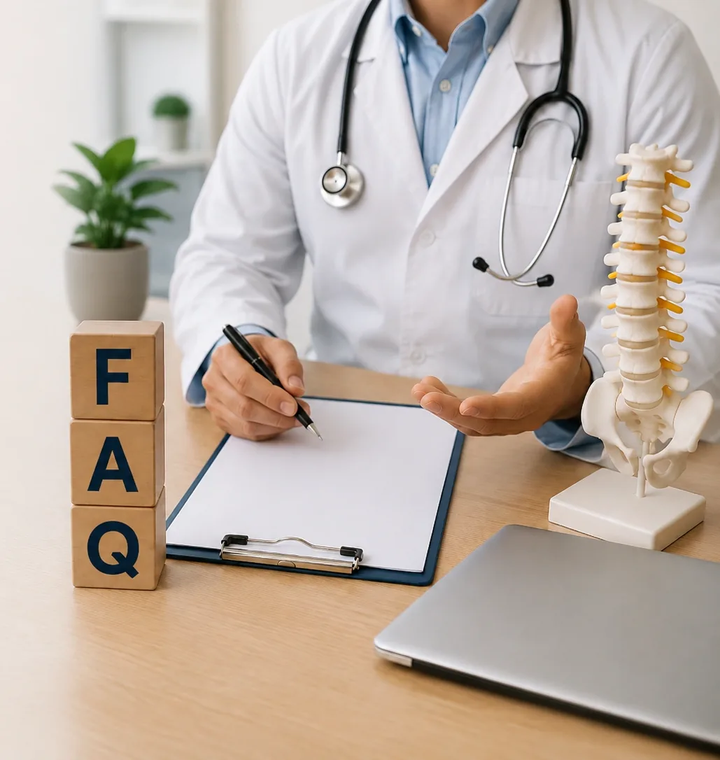 Healthcare provider beside a spine model and FAQ blocks, ready to answer patient questions