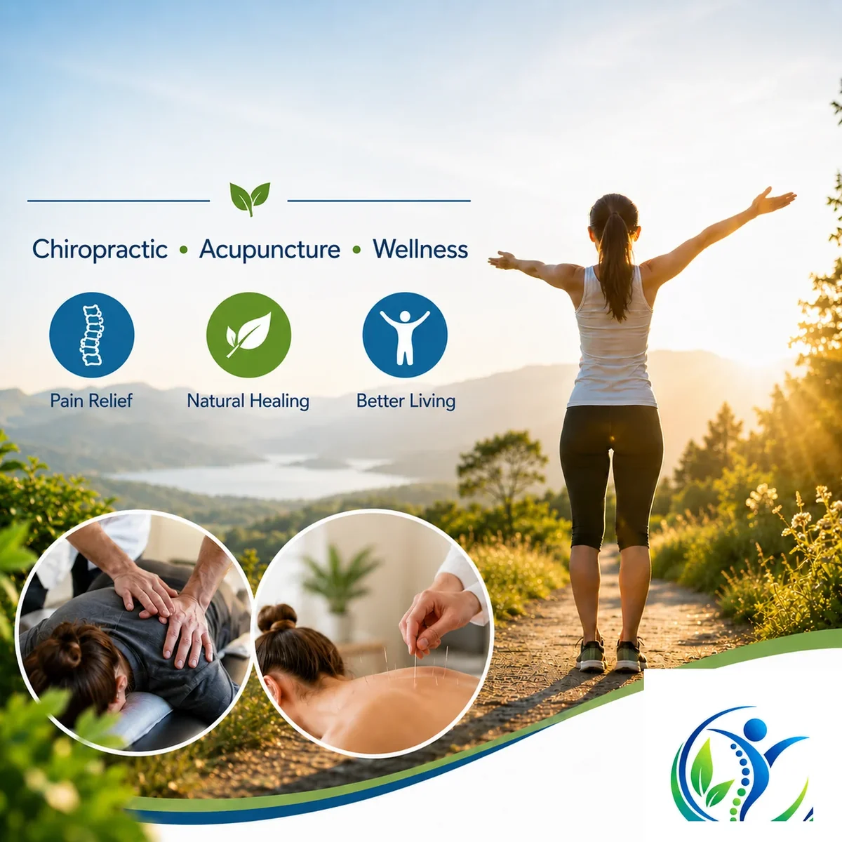 Woman outdoors with open arms, alongside chiropractic and acupuncture treatment images, representing chiropractic, acupuncture, and wellness care