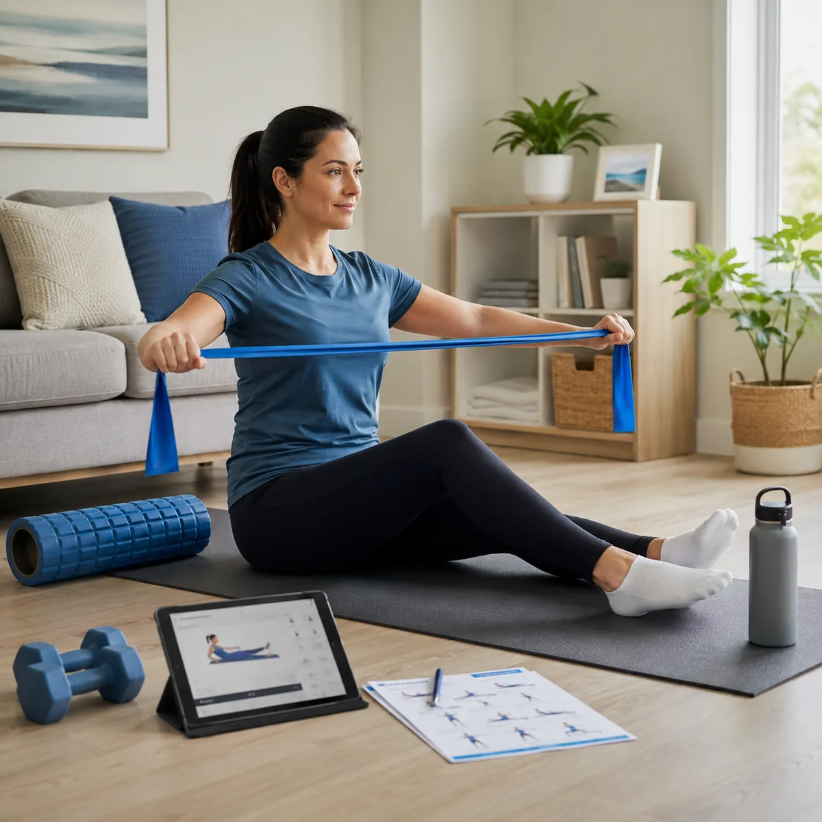 Patient performing a resistance-band exercise at home