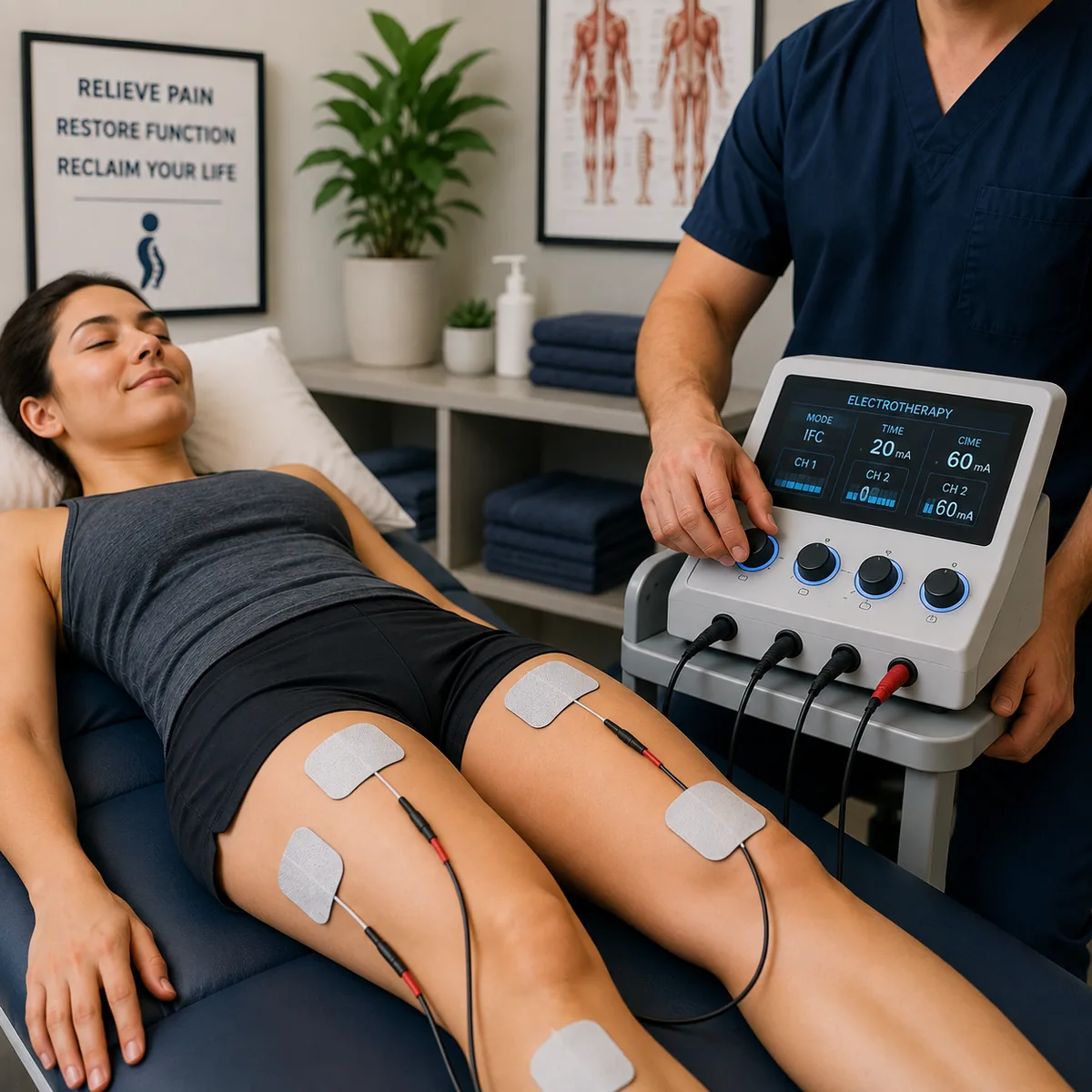 Patient receiving electrical stimulation therapy with electrode pads