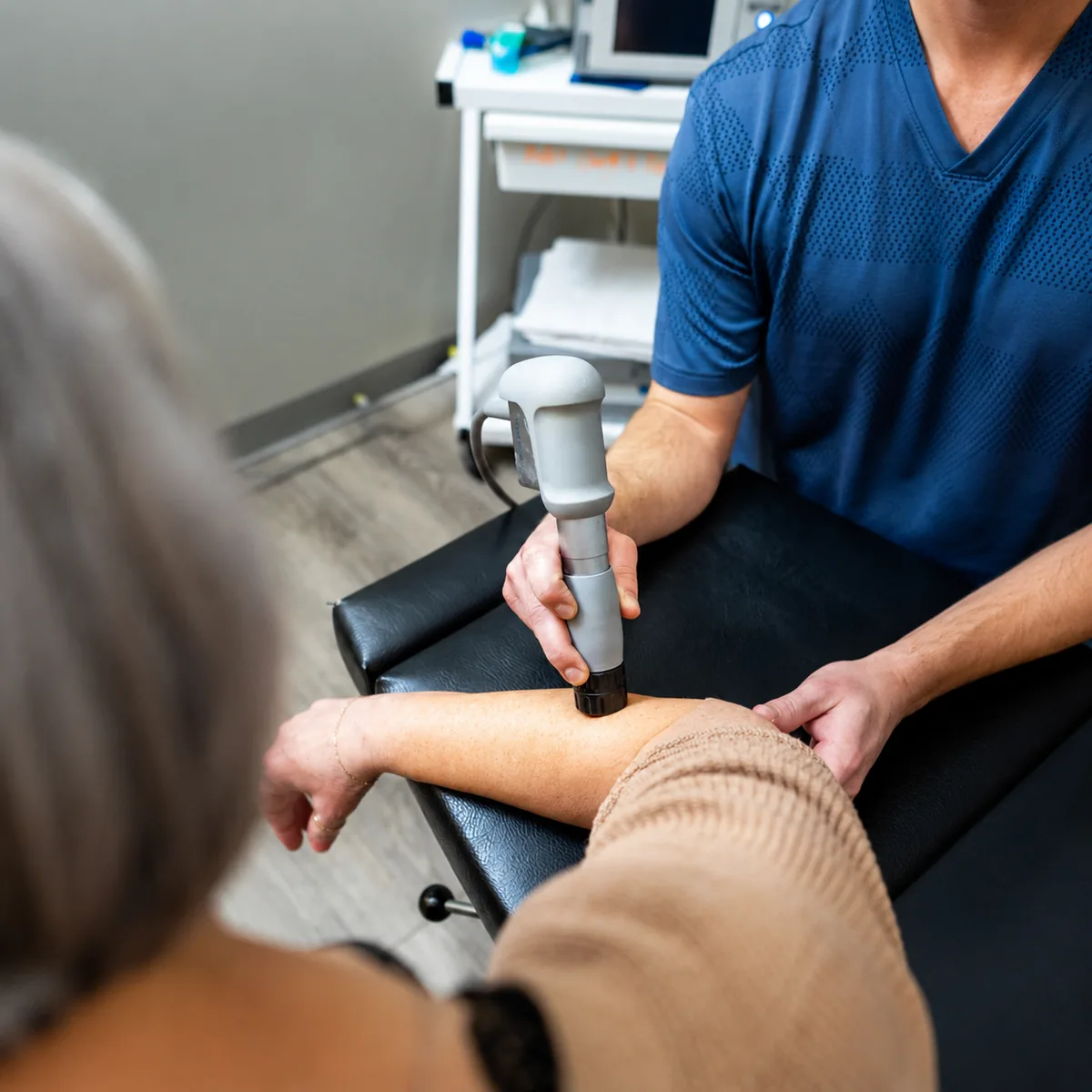 Therapeutic ultrasound applicator being used on a patient’s arm